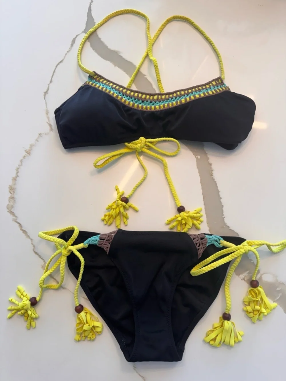 Victoria’s Secret The Teeny Bikini Set Black Neon Crochet Tassels - S/M